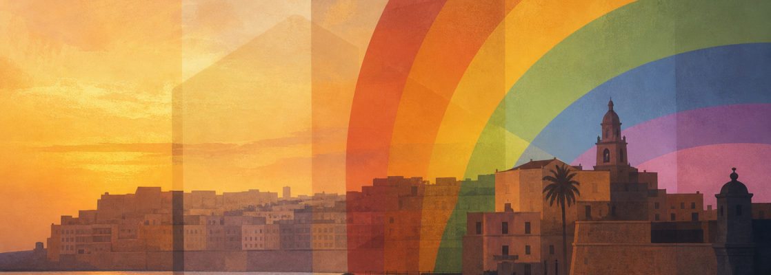 Banderas LGTBI estilizadas ante siluetas de edificios y el perfil marítimo de Ceuta en tonos sobrios.