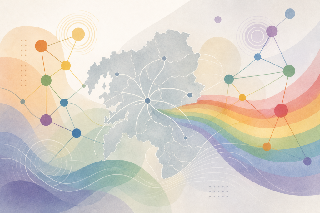 Mapa estilizado de Pontevedra con ondas de señal y elementos de colores diversos que representan comunicación y comunidad.