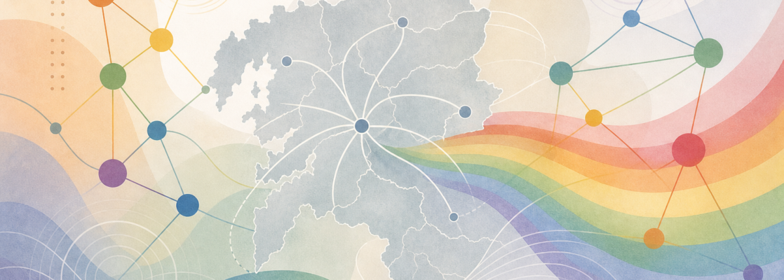 Mapa estilizado de Pontevedra con ondas de señal y elementos de colores diversos que representan comunicación y comunidad.