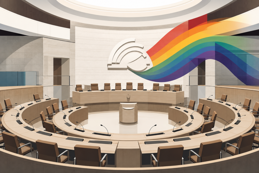 Hemiciclo parlamentario estilizado con micrófonos y una bandera arcoíris abstracta.