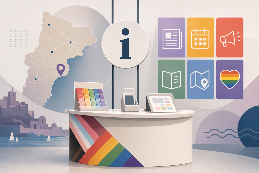 Punto informativo LGTBIQA+ en Alicante con iconos de noticias, calendario, recursos y una silueta territorial.