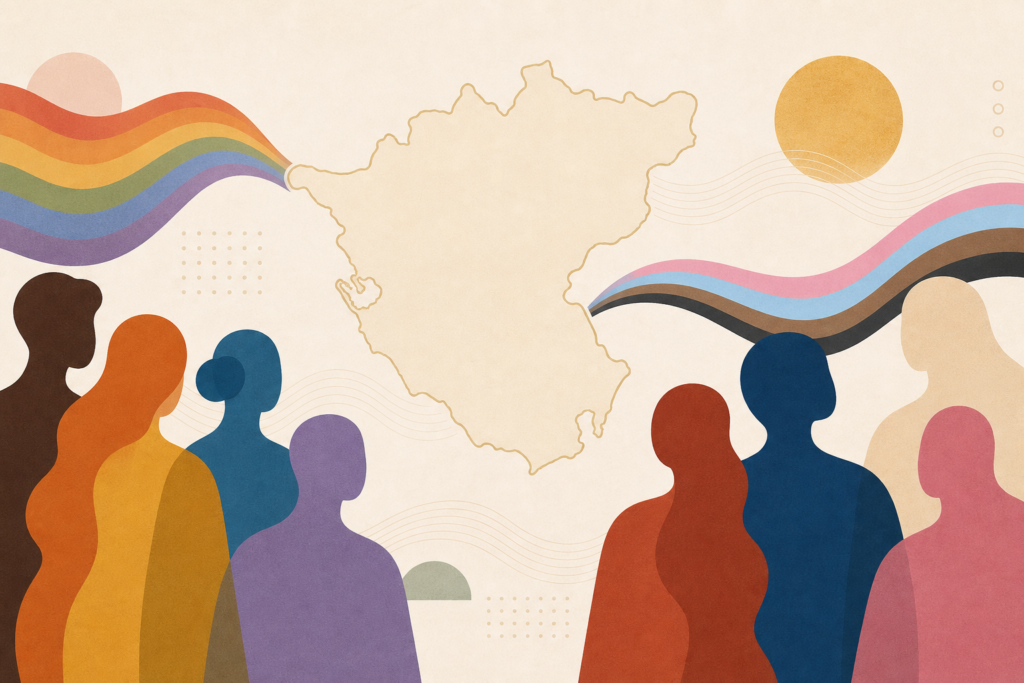 Mapa esquemático de Cádiz con siluetas diversas y colores LGTBIQA+ abstractos sobre un fondo neutro.