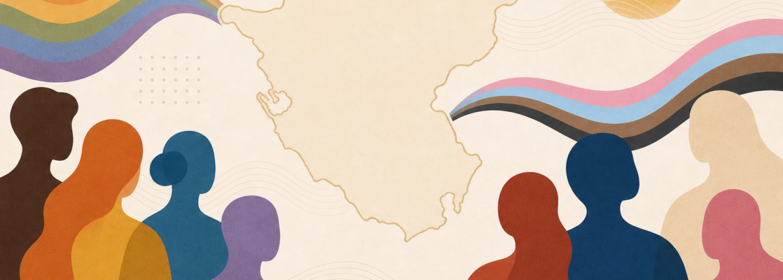 Mapa esquemático de Cádiz con siluetas diversas y colores LGTBIQA+ abstractos sobre un fondo neutro.