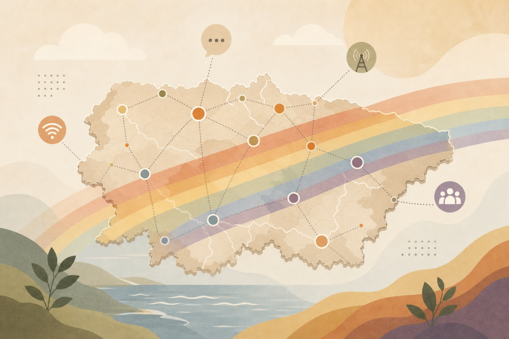 Mapa estilizado de Asturias atravesado por un arcoíris sutil y rodeado de conexiones abstractas de comunidad.