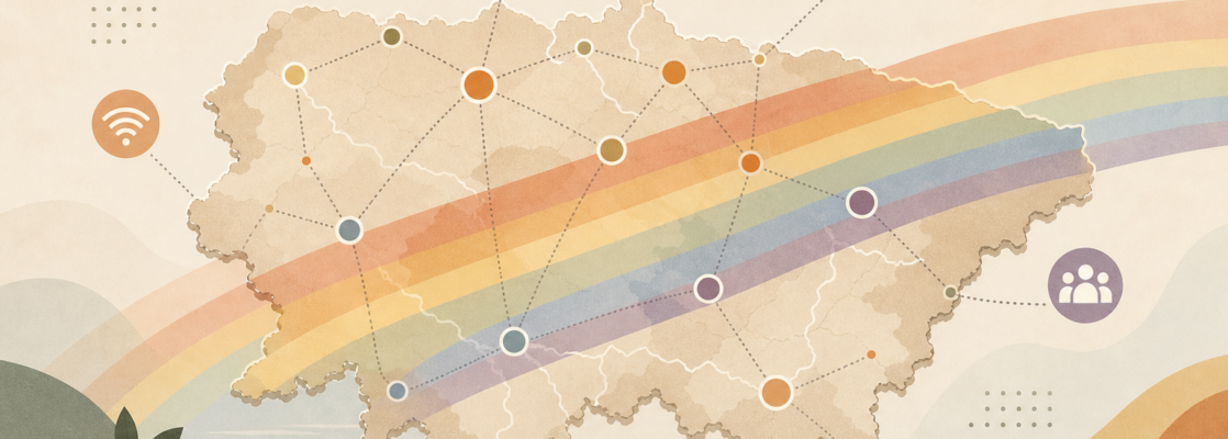 Mapa estilizado de Asturias atravesado por un arcoíris sutil y rodeado de conexiones abstractas de comunidad.