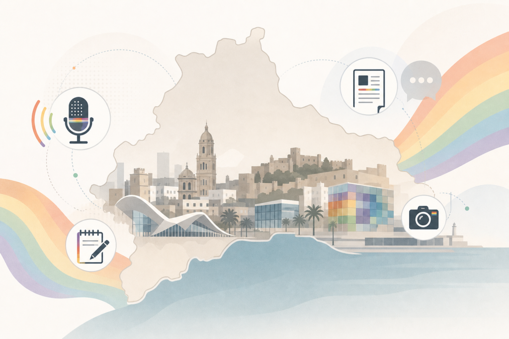 Ilustración de la silueta urbana y el mapa de Málaga con símbolos informativos y suaves acentos arcoíris.