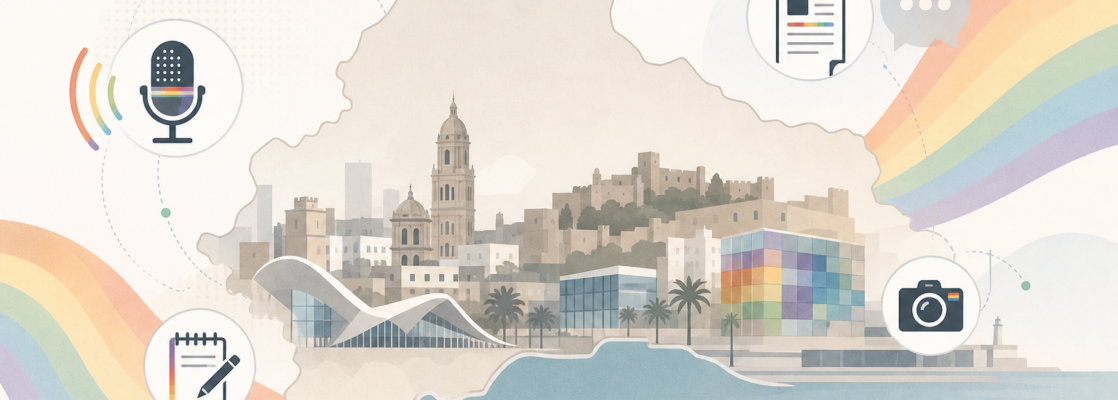 Ilustración de la silueta urbana y el mapa de Málaga con símbolos informativos y suaves acentos arcoíris.