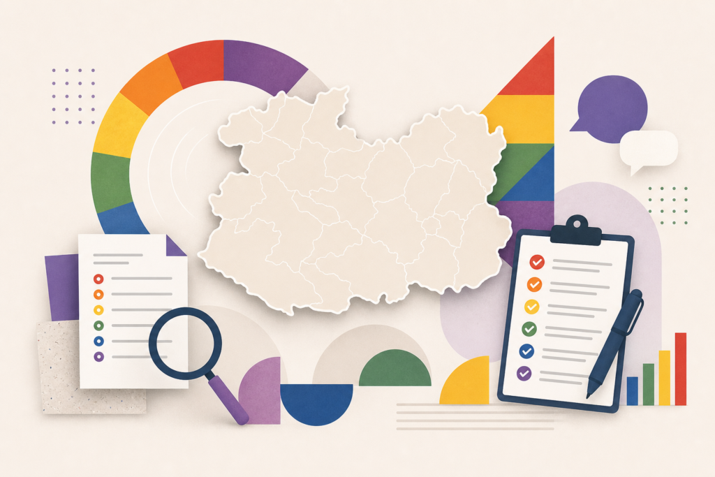 Mapa estilizado de Ciudad Real con formas de diversidad, documentos, listas y marcadores de auditoría.