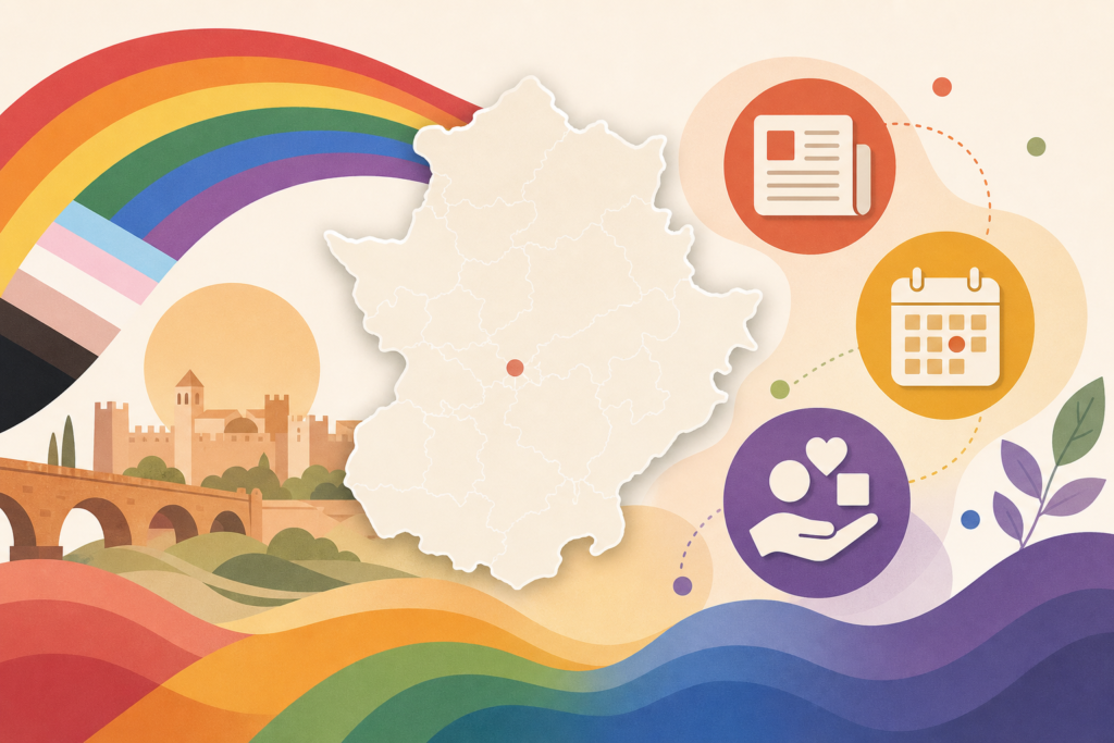 Ilustración abstracta con mapa esquemático de Badajoz e iconos de noticias, agenda y recursos LGTBIQA+.