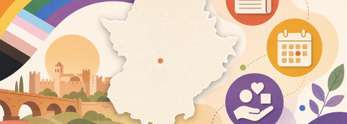 Ilustración abstracta con mapa esquemático de Badajoz e iconos de noticias, agenda y recursos LGTBIQA+.