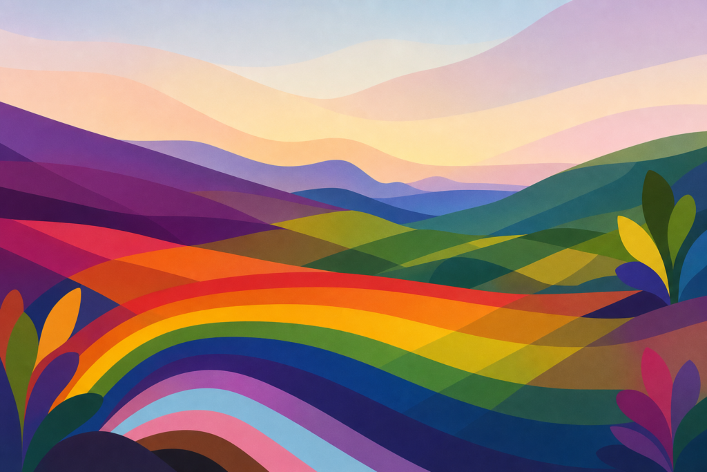 Ilustración abstracta con colores LGTBIQA+ y colinas suaves que evocan el paisaje de Álava.