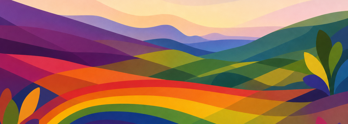 Ilustración abstracta con colores LGTBIQA+ y colinas suaves que evocan el paisaje de Álava.