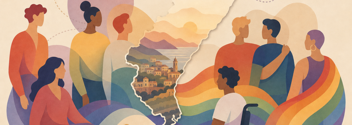 Mapa estilizado de Castellón con figuras inclusivas y tonos arcoíris que representan la cobertura LGTBIQA+ provincial.