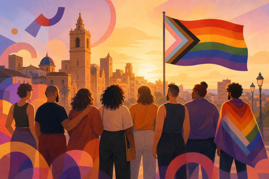 Ilustración de una comunidad LGTBIQA+ con bandera estilizada en un entorno urbano que evoca Castellón.