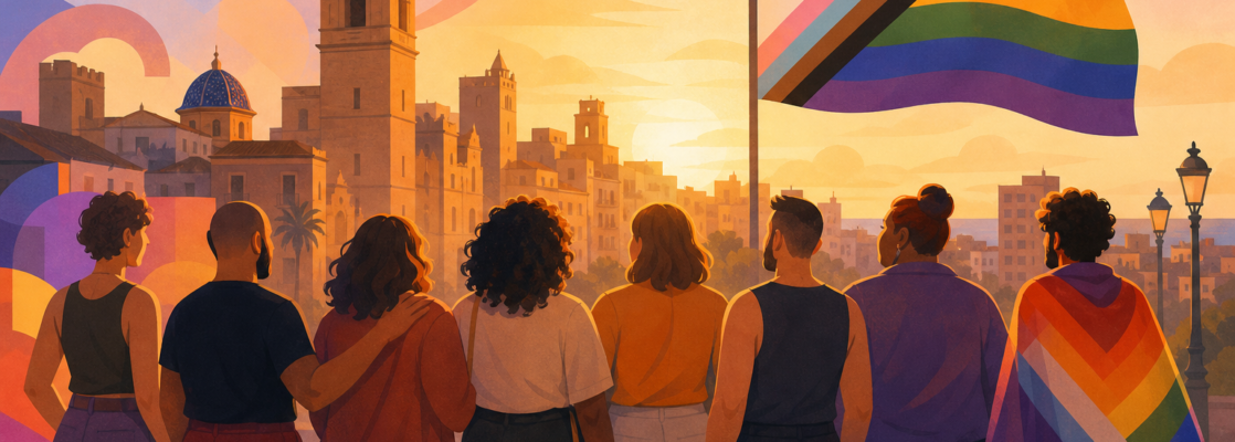 Ilustración de una comunidad LGTBIQA+ con bandera estilizada en un entorno urbano que evoca Castellón.