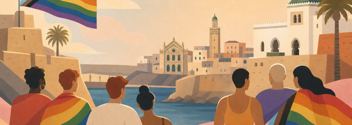 Ilustración abstracta con símbolos LGTBIQA+ y referencias arquitectónicas minimalistas a Ceuta.