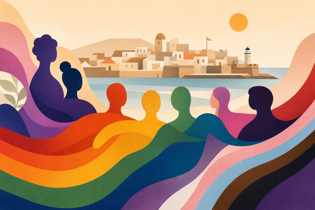 Formas abstractas de unión comunitaria ante una silueta esquemática de Ceuta, con una paleta cálida y diversa.