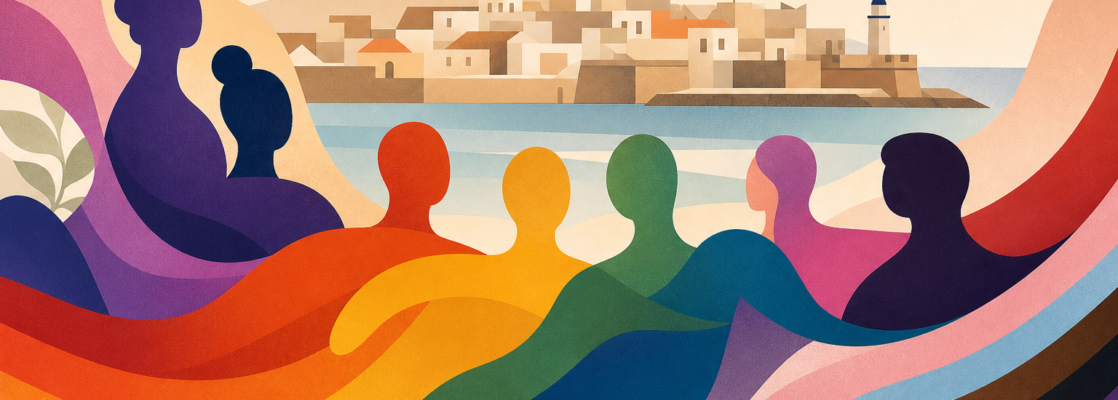 Formas abstractas de unión comunitaria ante una silueta esquemática de Ceuta, con una paleta cálida y diversa.