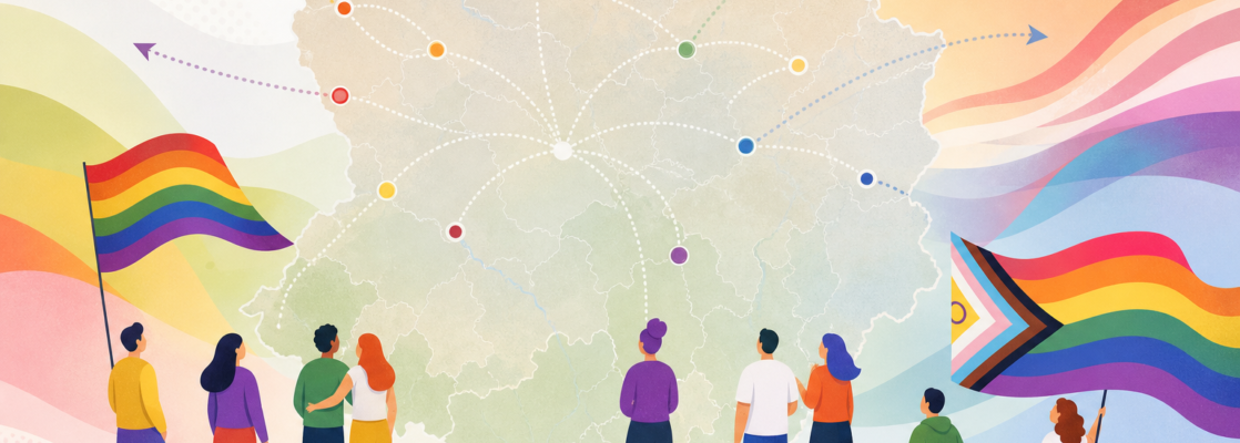 Símbolos abstractos LGTBIQA+ y mapa estilizado de la provincia de Salamanca en colores sobrios.