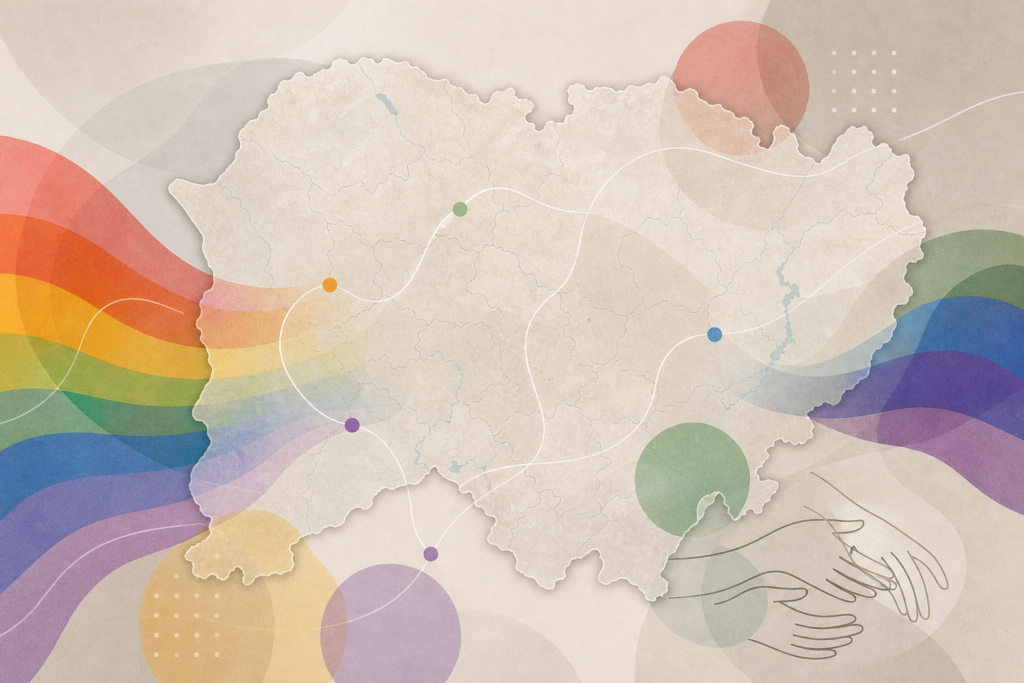 Mapa estilizado de Salamanca con formas abstractas y colores LGTBIQA+ que representan comunidad y comunicación.