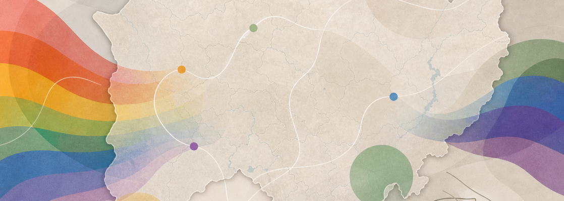Mapa estilizado de Salamanca con formas abstractas y colores LGTBIQA+ que representan comunidad y comunicación.