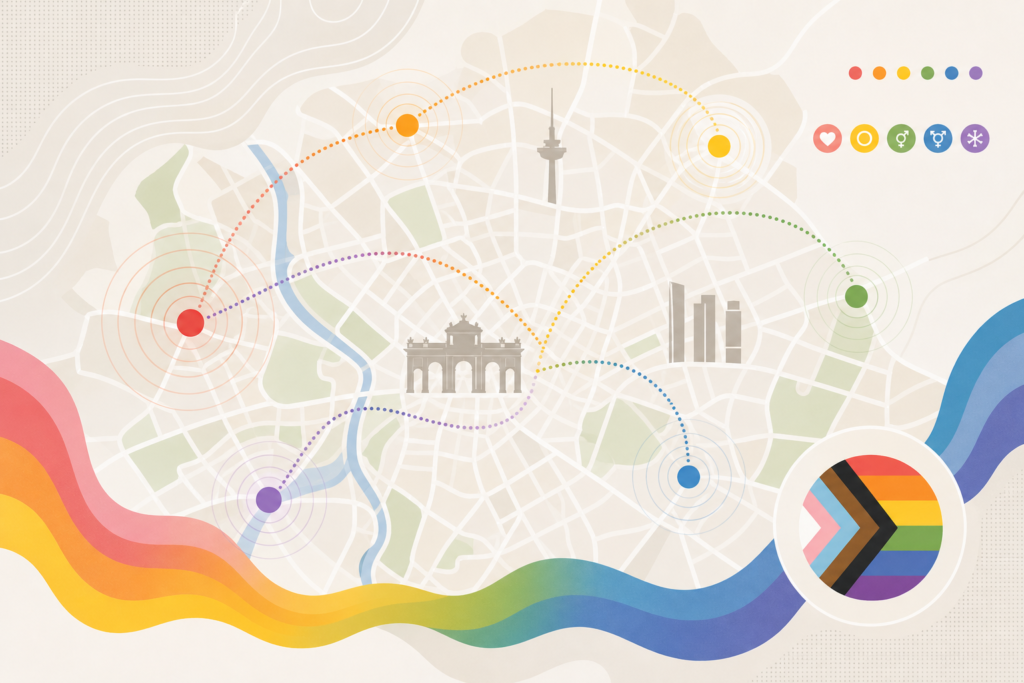 Mapa abstracto de Madrid con ondas de comunicación y símbolos inclusivos en colores sutiles del arcoíris.