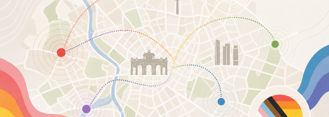 Mapa abstracto de Madrid con ondas de comunicación y símbolos inclusivos en colores sutiles del arcoíris.