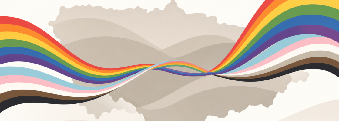 Silueta abstracta de Asturias con formas curvas de colores arcoíris que simbolizan la comunidad LGTBIQA+.