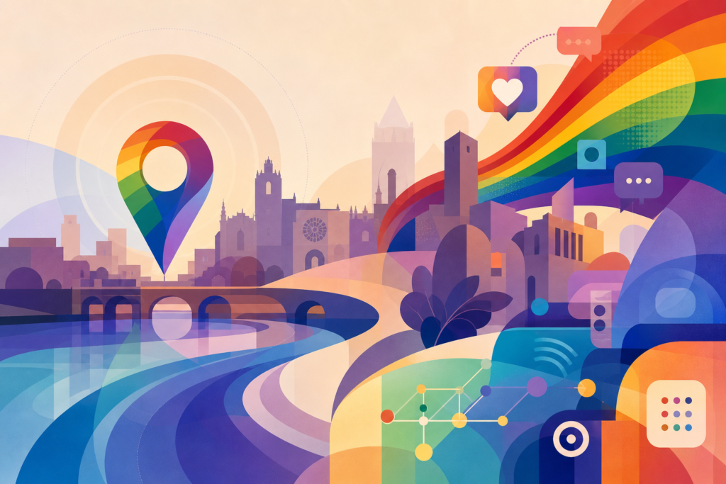 Ilustración con colores de la diversidad, siluetas urbanas de Palencia e iconos de comunicación.
