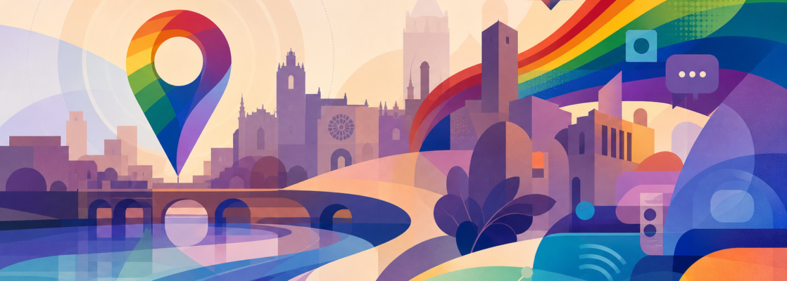 Ilustración con colores de la diversidad, siluetas urbanas de Palencia e iconos de comunicación.