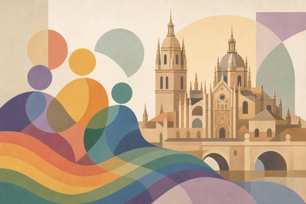 Ilustración abstracta con tonos arcoíris y un motivo arquitectónico estilizado de la catedral de Salamanca.