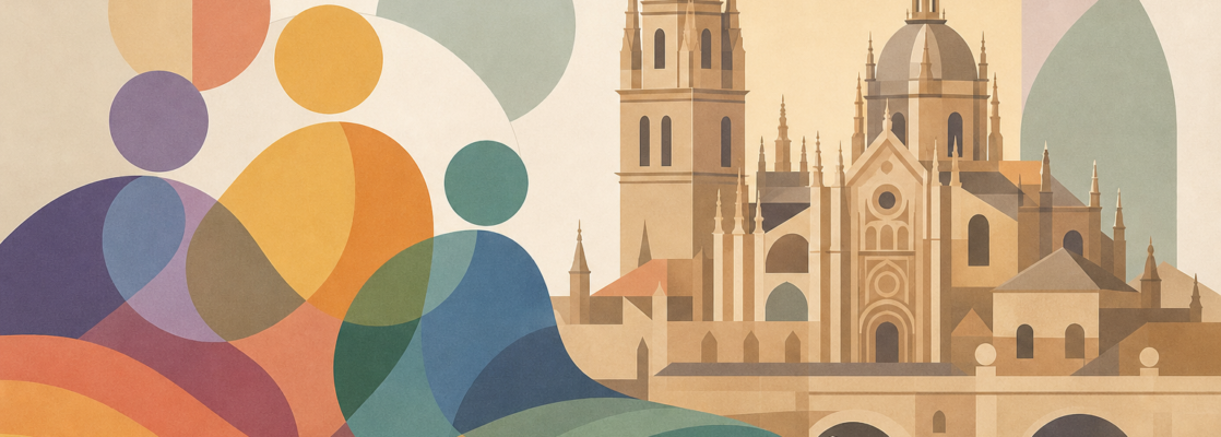 Ilustración abstracta con tonos arcoíris y un motivo arquitectónico estilizado de la catedral de Salamanca.
