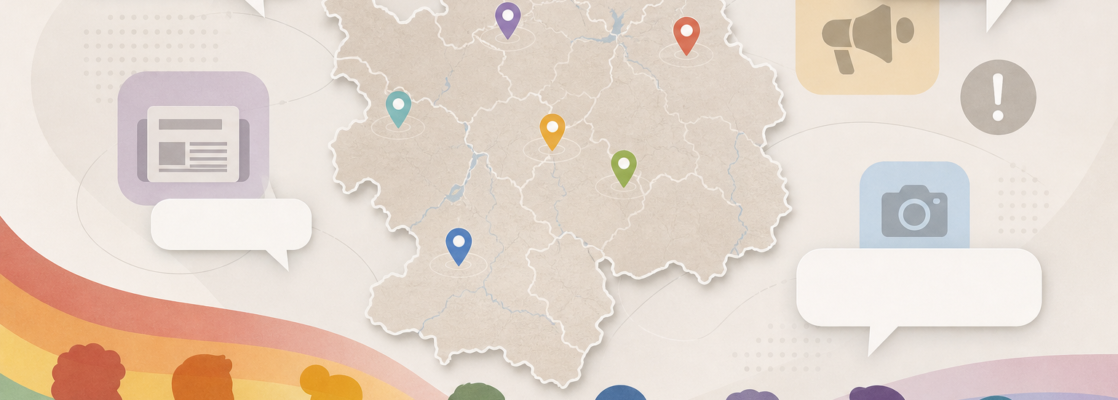 Mapa estilizado de Valladolid con marcadores de noticias, notificaciones y una banda discreta con colores arcoíris.