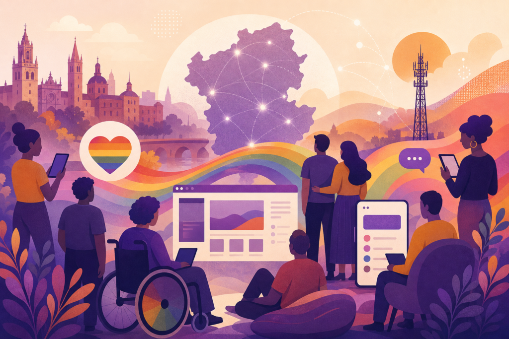Ilustración con siluetas diversas y símbolos de comunidad y comunicación digital en Valladolid.