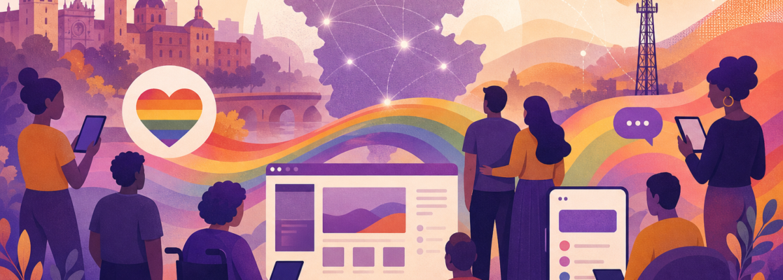 Ilustración con siluetas diversas y símbolos de comunidad y comunicación digital en Valladolid.