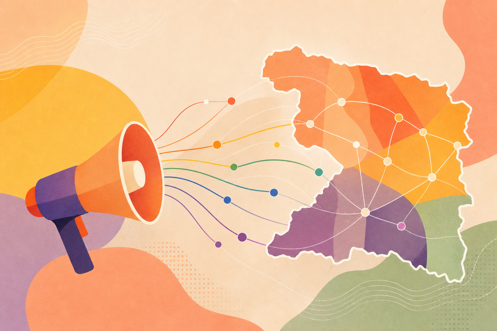 Ilustración abstracta con un altavoz, líneas de conexión y el contorno del mapa de Zamora en colores inclusivos.