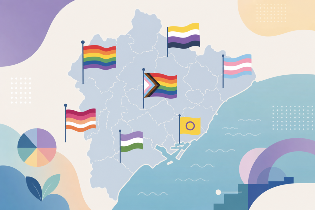 Símbolos abstractos LGTBIQA+ sobre un mapa esquemático de la provincia de Barcelona.
