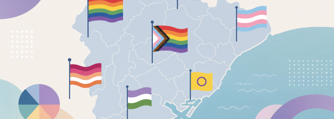 Símbolos abstractos LGTBIQA+ sobre un mapa esquemático de la provincia de Barcelona.