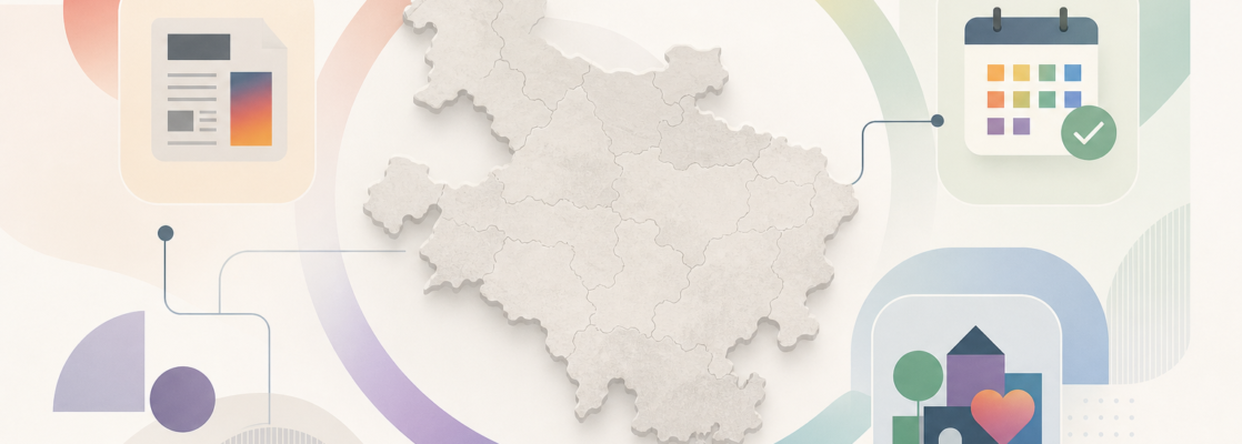 Mapa estilizado de Álava con un degradado arcoíris sutil e iconos de noticias, agenda y recursos comunitarios.