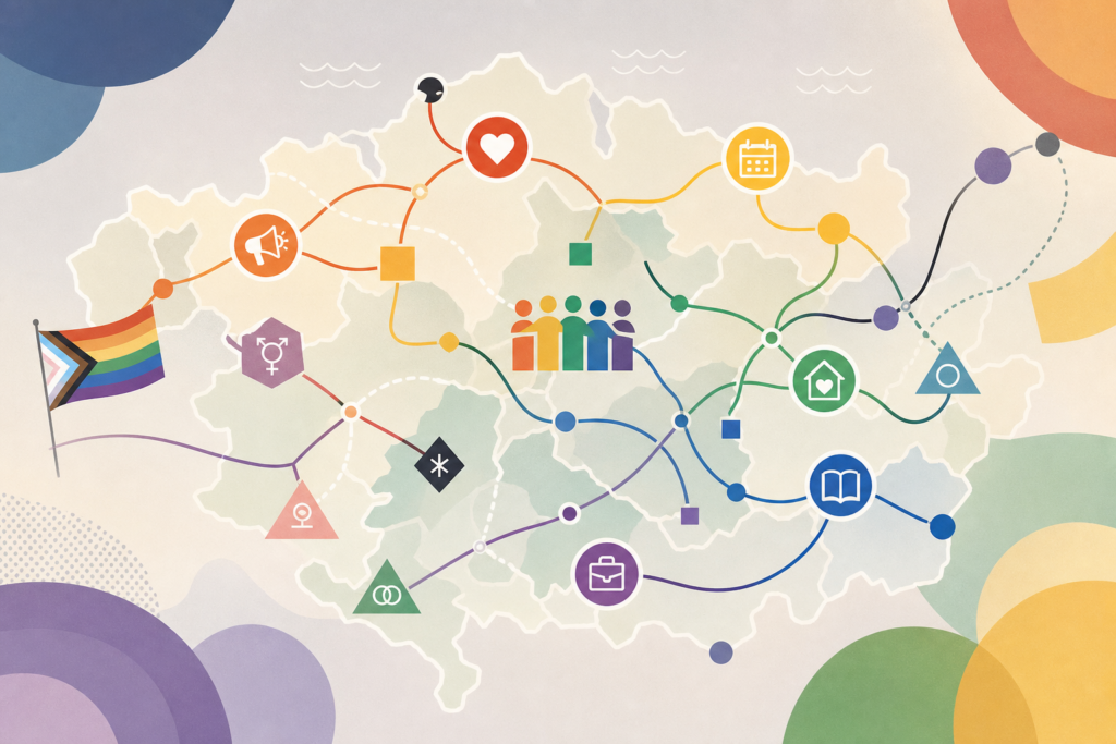 Ilustración abstracta de líneas y formas inclusivas conectadas sobre un mapa estilizado de Bizkaia.