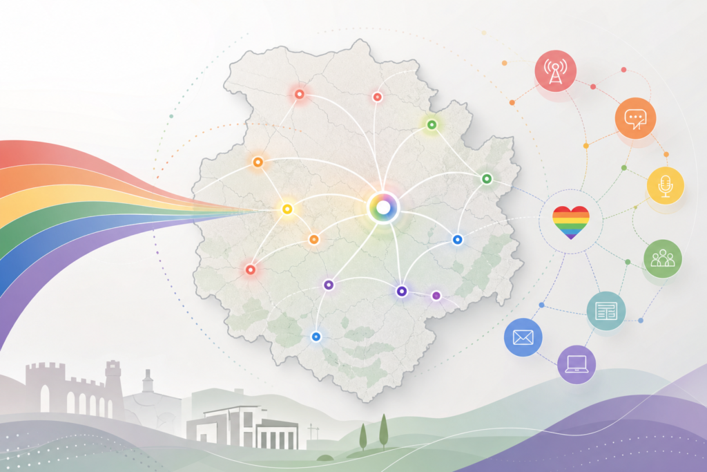 Mapa estilizado de Albacete con puntos conectados y tonos inclusivos que representan una red informativa LGTBIQA+.