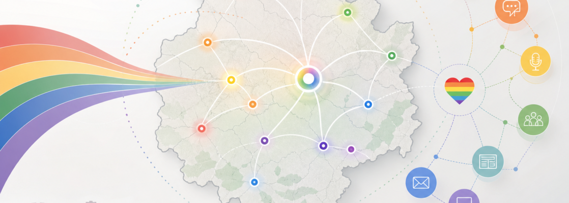 Mapa estilizado de Albacete con puntos conectados y tonos inclusivos que representan una red informativa LGTBIQA+.