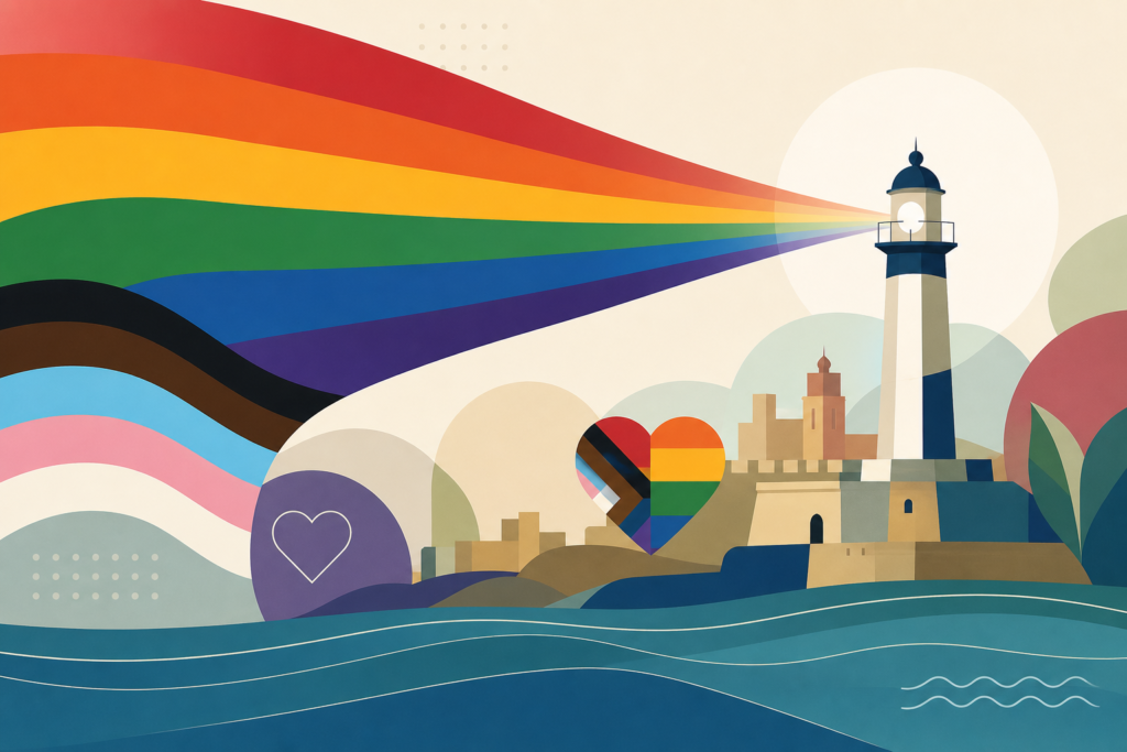 Ilustración abstracta sobre la cobertura LGTBIQA+ en Castellón, con colores inclusivos y líneas que evocan la costa.