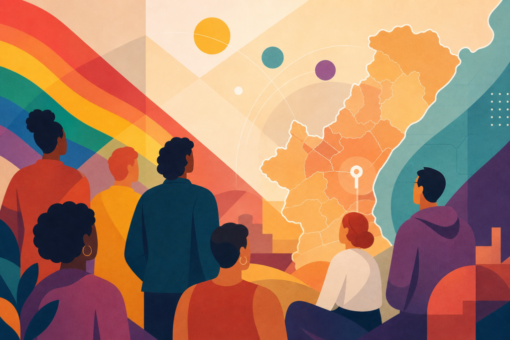 Ilustración abstracta con colores inclusivos, siluetas genéricas y referencias gráficas al mapa provincial de Castellón.