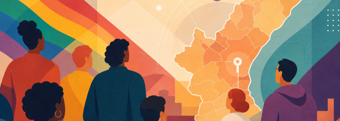 Ilustración abstracta con colores inclusivos, siluetas genéricas y referencias gráficas al mapa provincial de Castellón.
