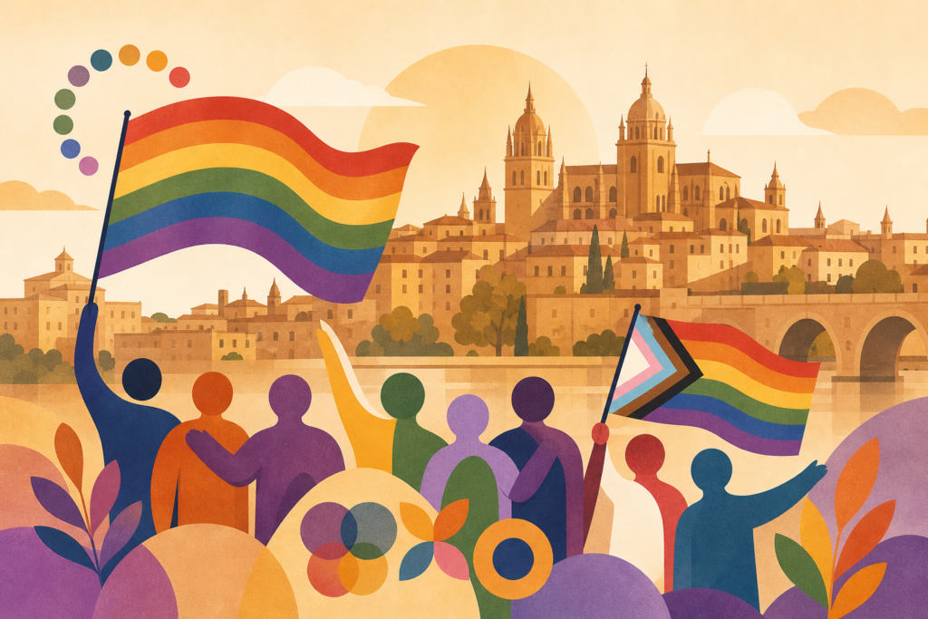 Ilustración de símbolos inclusivos y una silueta urbana inspirada en Salamanca, con tonos cálidos.