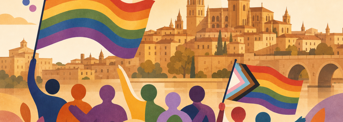 Ilustración de símbolos inclusivos y una silueta urbana inspirada en Salamanca, con tonos cálidos.
