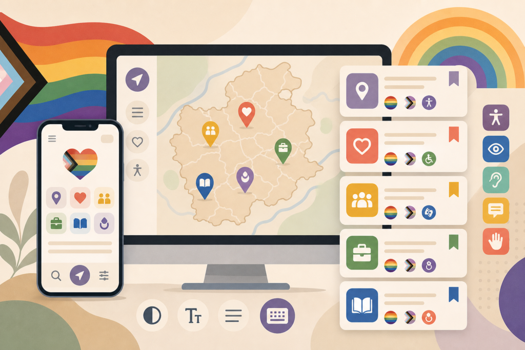Ilustración de una guía LGTBIQA+ de Burgos con mapa provincial, fichas de directorio e iconos de navegación.