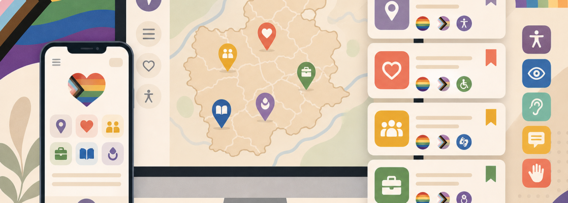 Ilustración de una guía LGTBIQA+ de Burgos con mapa provincial, fichas de directorio e iconos de navegación.
