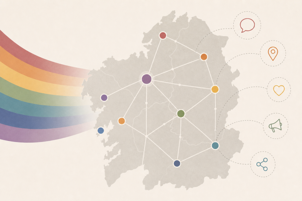 Mapa estilizado de A Coruña con puntos conectados, iconos de comunicación y colores inclusivos desaturados.
